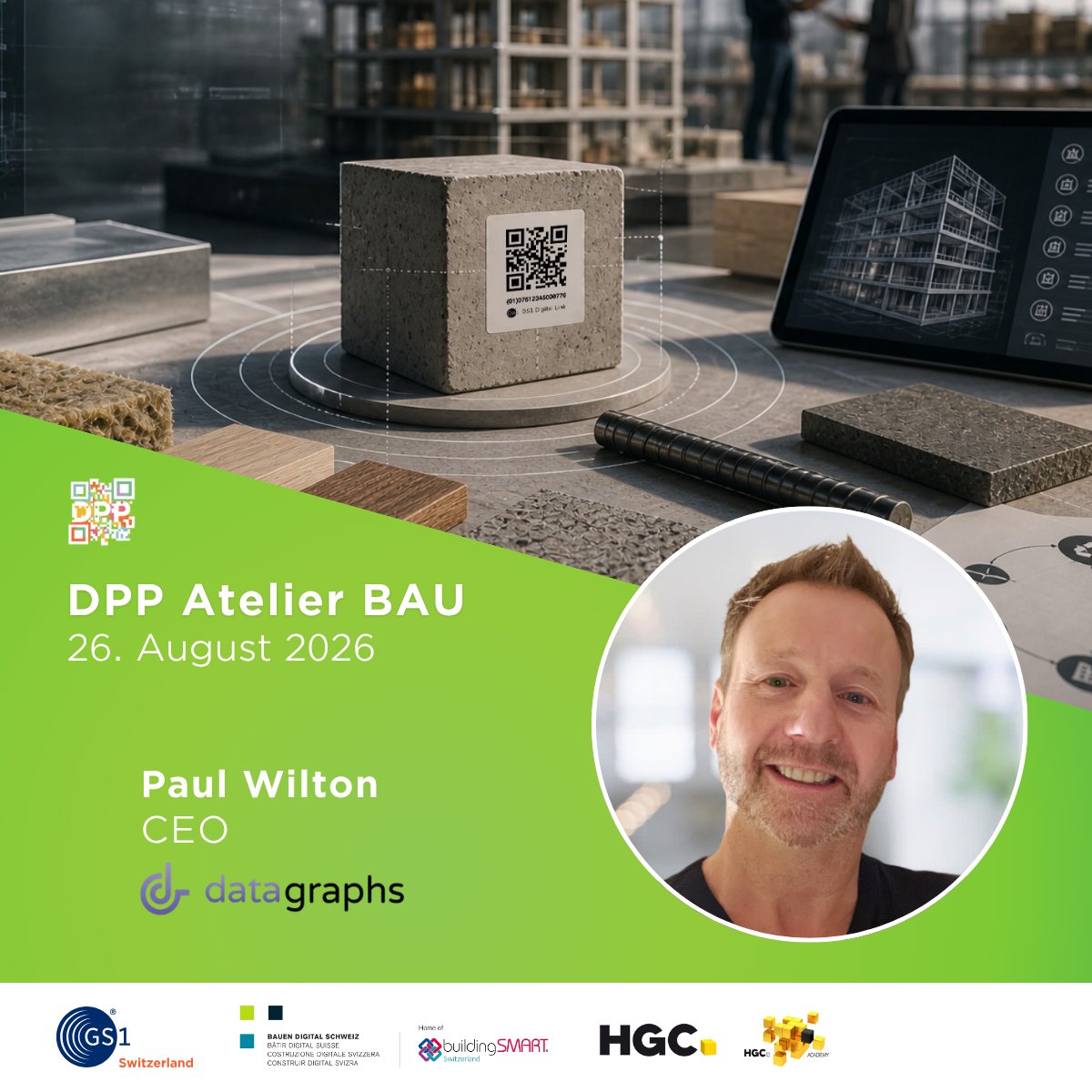 datagraphs's tweet photo. Fabio Colasanti (CDO) and Paul Wilton (CEO) will be at the #DPP Atelier BAU on 26 August 2026 in Herzogenbuchsee, showcasing how GTIN-native DPPs make construction compliance affordable, then running a hands-on session on end-to-end DPP creation with #GS1 Digital Link and @datagraphs.

Looking forward to this one!