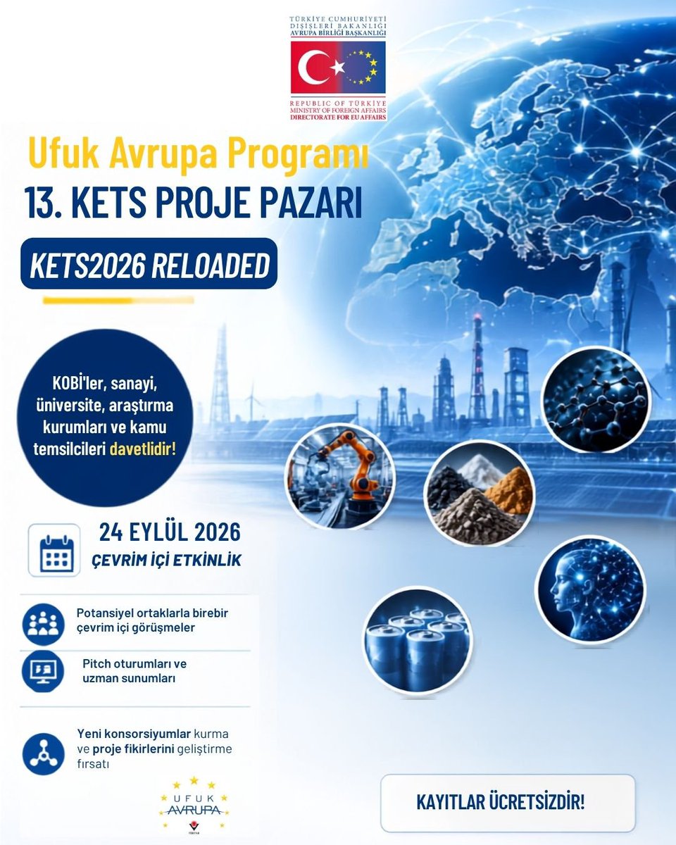 ABBaskanligi's tweet photo. 🌍 13. KETs Proje Pazarı Çevrim içi Düzenleniyor!

🤝Ufuk Avrupa Programı Küme 4, Küme 5 ve Küme 6'nın Endüstri ile ilgili yaklaşan çağrıları kapsamında, KOBİ, sanayi, üniversite, araştırma ve kamu temsilcileri etkinliğe davetli

🔗 Kayıt ve Detaylı bilgi: https://t.co/tgV9I8fvEG https://t.co/W9PMbEAi2z