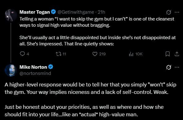 nortonsmind's tweet photo. There is nothing wrong with wanting to lead men if you care about your fellow man and think you have value to share.

...But accounts that make their leadership the sole focus of their money-making are ultimately faking.

A true "high value man" may mentor on the side, but not as his main thing, because he is too busy leading by example in the actual domains he gains his experience to teach about from.

And therein lies the rub: Before you blindly listen to any random "real man" advice, first ask the question: "Where did this person gain their wisdom from?"

To answer that question quickly sets aside real from fake (and if not fake then at least exaggerated), as the biggest red flags with "alpha male" and masculinity accounts are if they don't show their face, lack a reasonably verifiable backstory, and can't tell you from that story where they got their wisdom from in the first place.