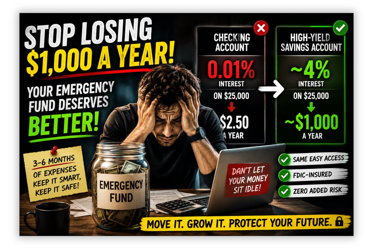 fintmonie's tweet photo. Financial mistake almost everyone makes:-

Emergency fund in a checking account at 0.01%.

High-yield savings account at 4%.

On $25K, that's about $1,000/year for doing almost nothing. https://t.co/FxYKRfkxSe