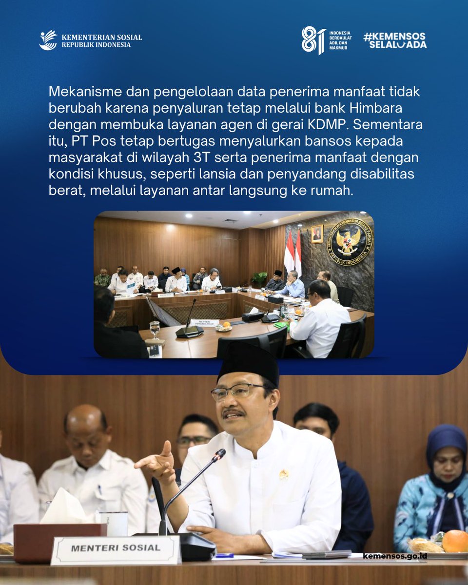 KemensosRI's tweet photo. Mensos Gus Ipul sampaikan rencana uji coba penyaluran bansos melalui Koperasi Desa Merah Putih di 900 titik. Mekanisme penyaluran tetap melalui bank Himbara &amp; PT Pos Indonesia agar layanan menjangkau seluruh penerima manfaat.

Selengkapnya di #SelaluAdaKabarBaik edisi 28 07 2026 https://t.co/T6EWQ5xhVR