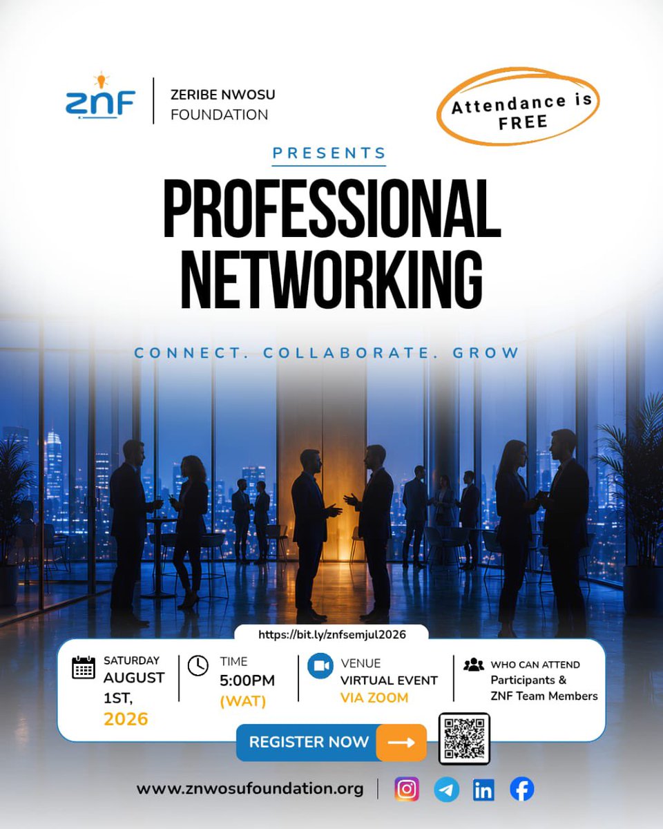znf2021's tweet photo. ZNF Professional Networking 1 

Join the session to connect with students, graduates, early-career professionals, and industry experts.

Build meaningful relationships, exchange ideas &amp; grow. 

Register: https://t.co/hF1U5cg34G

📅 Aug. 1, 2026
⏰ 5:00 PM (WAT)
💻 Zoom | FREE https://t.co/qyEJaGQENN