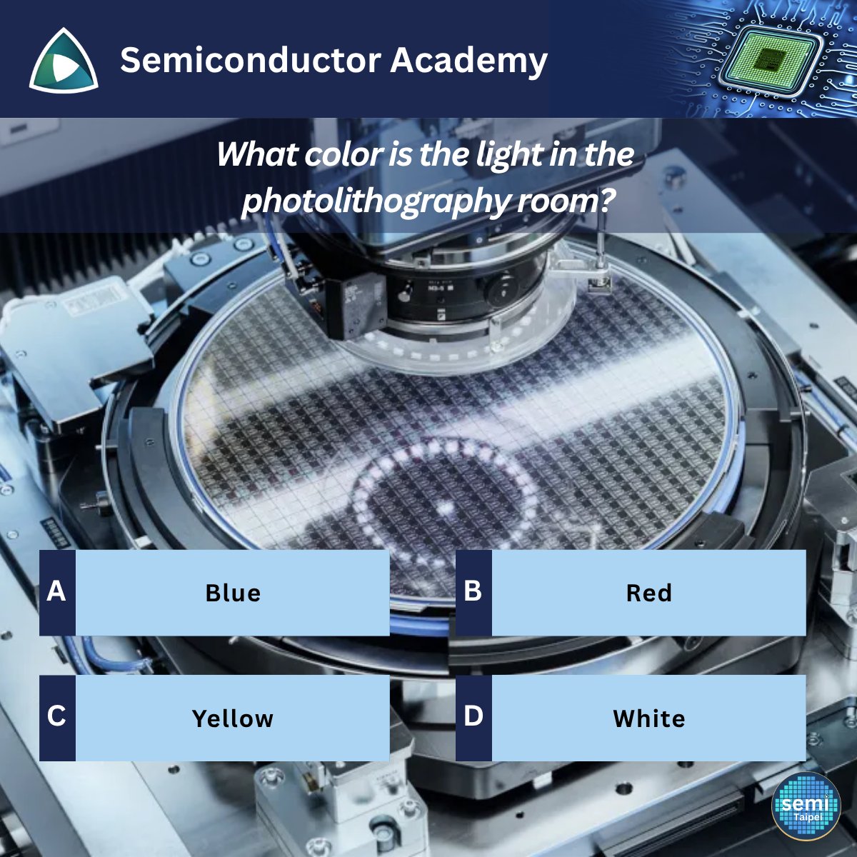 SemiTaipei's tweet photo. @Wenyee_Lee @ChengTingFang @lithos_graphein @F_Boesenberg @samsonellis @mtdtl @SKundojjala @1p_semicon @semivision_tw 🤖Photolithography uses light to transfer patterns onto a substrate. What color is the lighting in the photolithography room?

💬Answer as a comment, first right gets a  #Semi101 discount code!

#Semiconductor #SemiAcademy #SemiTaipei #AIforGood #SDG11 #SmartCities #SmartEcoCity https://t.co/UXp1DlW1hg