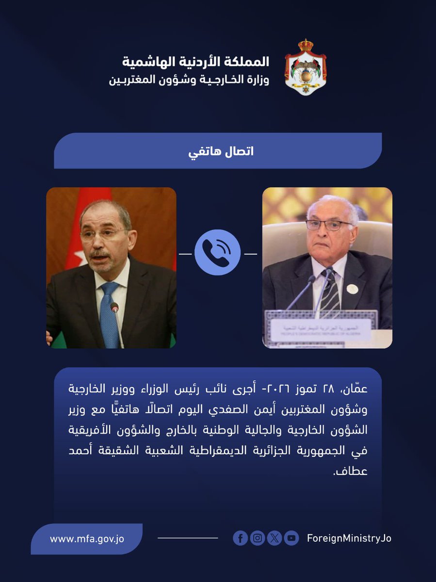 ForeignMinistry's tweet photo. أجرى نائب رئيس الوزراء ووزير الخارجية وشؤون المغتربين أيمن الصفدي @AymanHsafadi اليوم اتصالًا هاتفيًّا مع وزير الشؤون الخارجية والجالية الوطنية بالخارج والشؤون الأفريقية في الجمهورية الجزائرية الديمقراطية الشعبية الشقيقة أحمد عطاف @AhmedAttaf_Dz.

أكّد الوزيران خلال الاتصال عمق العلاقات الأخوية بين البلدين الشقيقين، واستمرار العمل على تطوير التعاون. 

وبحث الصفدي وعطاف خلال الاتصال التدهور الخطير الذي تشهده الضفة الغربية المحتلة نتيجة الإجراءات الإسرائيلية اللاشرعية، والتي تشمل تزايد إرهاب المستوطنين، وتوسعة الاستيطان، والاعتداءات على حرمة الحرم القدسي الشريف المسجد الأقصى المبارك. 

ودان الوزيران الإجراءات الإسرائيلية اللاشرعية في الضفة الغربية المحتلة، ومحاولات إسرائيل  المُمنهَجة تغيير الوضع التاريخي والقانوني القائم في القدس ومقدساتها الإسلامية والمسيحية، وحذّرا من التبعات الكارثية لهذه الإجراءات. 

كما بحث الوزيران الجهود المُستهدِفة إنهاء التصعيد في المنطقة، وأكّدا دعم هذه الجهود وضرورة تثميرها اتفاقًا يضمن التزام وقف إطلاق النار بين الولايات المتحدة وإيران، ويضمن حرية الملاحة في مضيق هرمز، ويحقق الأمن والاستقرار الدائمَين.

#الأردن
#الجزائر