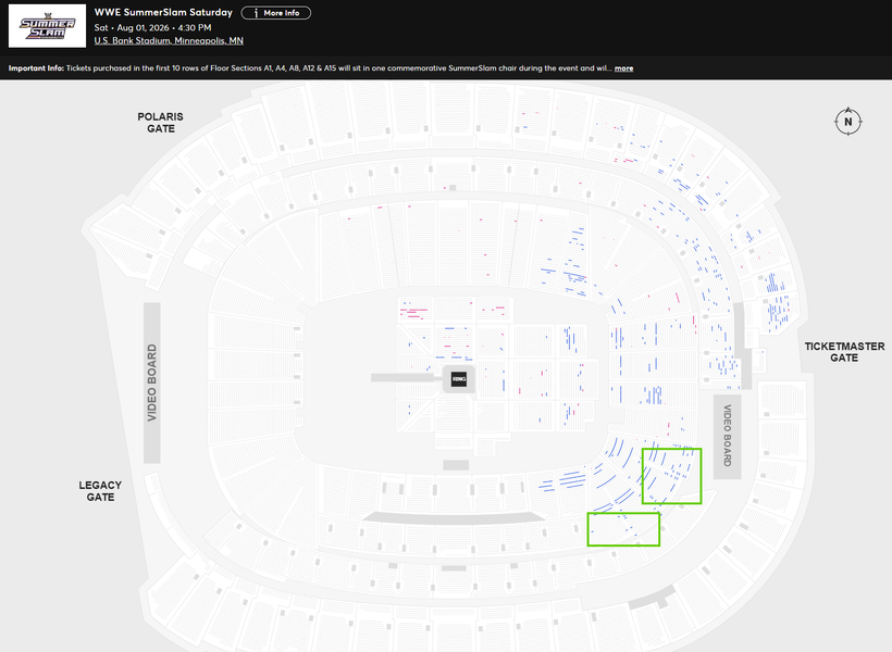 WrestleTix's tweet photo. WWE SummerSlam Saturday
Sat • Aug 01, 2026 • 4:30 PM
U.S. Bank Stadium, Minneapolis, MN

Available Tickets: 1,356
Available Combo Tickets: 748
Current Setup: 34,729
Tickets Distributed: 32,625

📈 +1,930 since the last update (2 days ago)
📅 Days until show: 4
🔢 Total # of seats on map: 72,287
⏮ 8/2/2025 - MetLife Stadium, Night 1: 50,493
🟣 The SummerSlam tracker is live on the Platinum Tracker sheet. Upgrade here to see regular updates on it: https://t.co/7oKRUcF7Ah
💰 Resale: 210
💵 Cheapest Ticket (Standard Admission): $76.10
🗒️ Sections 225-227 opened on the Combo map. Sections 122-124 opened in full