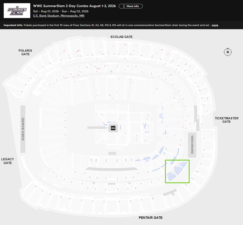 WrestleTix's tweet photo. WWE SummerSlam Saturday
Sat • Aug 01, 2026 • 4:30 PM
U.S. Bank Stadium, Minneapolis, MN

Available Tickets: 1,356
Available Combo Tickets: 748
Current Setup: 34,729
Tickets Distributed: 32,625

📈 +1,930 since the last update (2 days ago)
📅 Days until show: 4
🔢 Total # of seats on map: 72,287
⏮ 8/2/2025 - MetLife Stadium, Night 1: 50,493
🟣 The SummerSlam tracker is live on the Platinum Tracker sheet. Upgrade here to see regular updates on it: https://t.co/7oKRUcF7Ah
💰 Resale: 210
💵 Cheapest Ticket (Standard Admission): $76.10
🗒️ Sections 225-227 opened on the Combo map. Sections 122-124 opened in full
