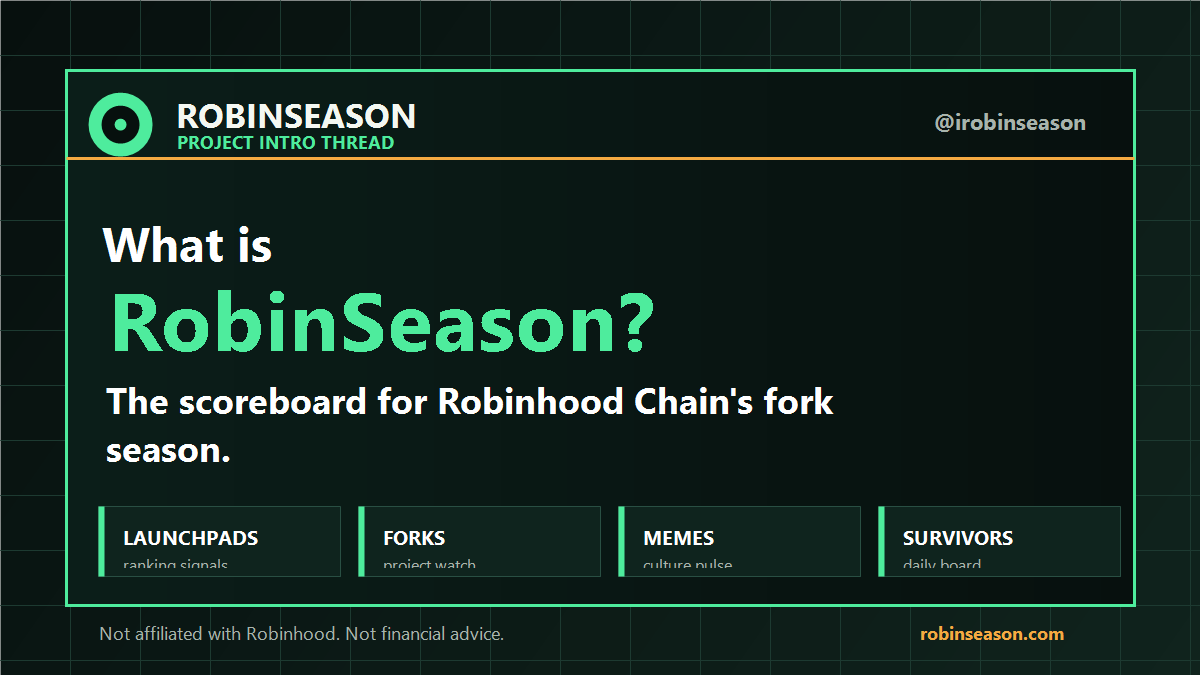iRobinSeason's tweet photo. 1/4 What is RobinSeason?

RobinSeason is the scoreboard for Robinhood Chain's fork season.

Launchpads, forks, memes, survivors, caution lists and daily winners, organized in one public board.

Robinhood Chain is the arena.
RobinSeason is the scoreboard. https://t.co/zD8ebrkAoP