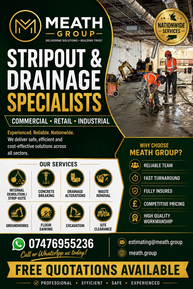 meath_group's tweet photo. We specialize in internal demolition and drainage alterations across the nation. https://t.co/3217w12IEM#StripOutSpecialists #DrainageExperts #CommercialDemolition #IndustrialServices #ConcreteBreaking #Groundworks #ExcavationServices #SiteClearance #MeathGroup #ConstructionSolutions