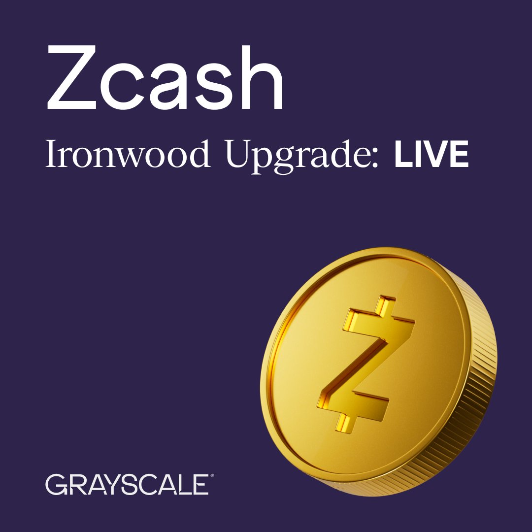 Grayscale's tweet photo. Privacy is getting an upgrade. Zcash $ZEC Ironwood network upgrade is live. 

The new shielded pool is formally verified, and a turnstile mechanism helps ensure supply integrity.  

Grayscale Zcash Trust (Ticker: $ZCSH) is the only pure $ZEC exposure available in certain U.S. brokerage accounts.