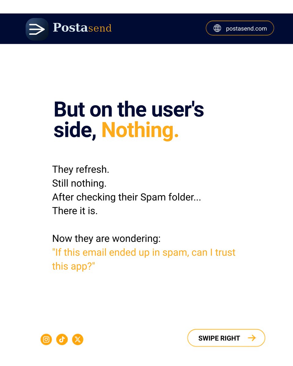 postasend's tweet photo. Your verification email isn't just another email.

If it lands in spam, users can't sign up, log in, or trust your product.

Swipe through to find out why it happens and what you can do about it. 
Have you ever had a verification email end up in spam?

#PostaSend  #EmailAPI #SaaS https://t.co/In8jaP3LL2