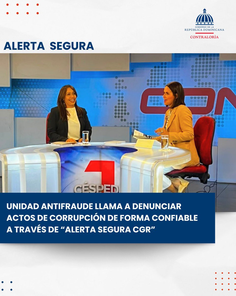 ContraloriaRD's tweet photo. Unidad Antifraude llama a denunciar actos de corrupción de forma confiable a través de  “Alerta Segura CGR” 

Más en https://t.co/3dftexmj4p
#ContraloríaRD https://t.co/hUyVPkygok