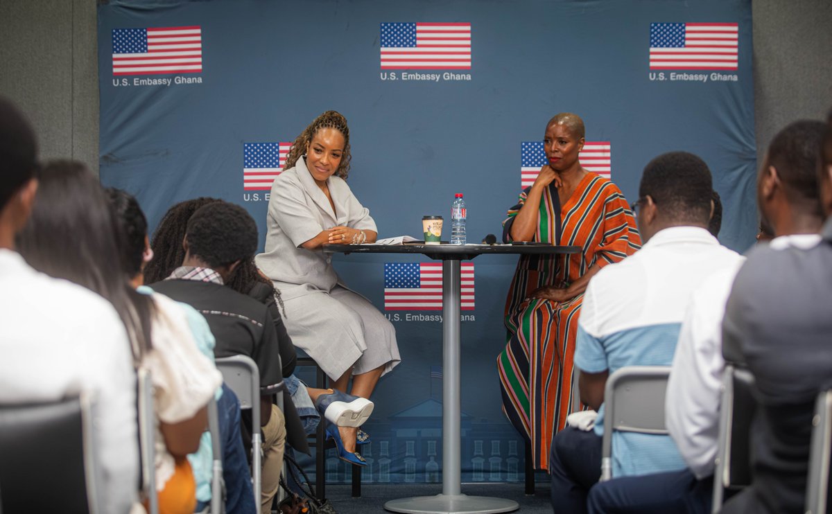 USEmbassyGhana's tweet photo. Award-winning American film producer Sidra Smith joined Ghanaian filmmakers and content creators at the American Center inside the U.S. Embassy in Accra for a conversation moderated by celebrated actress @Joselyn_Dumas on strengthening Ghana’s film industry and creative economy.
In a separate #Freedom250 masterclass, Sidra engaged nearly 50 film and cinematography students at the University of Media, Arts and Communication (UniMAC), sharing practical lessons on networking, leadership, teamwork, and building a creative career.
Together, the programs helped emerging storytellers sharpen their craft and strengthen connections between American and Ghanaian creatives.
