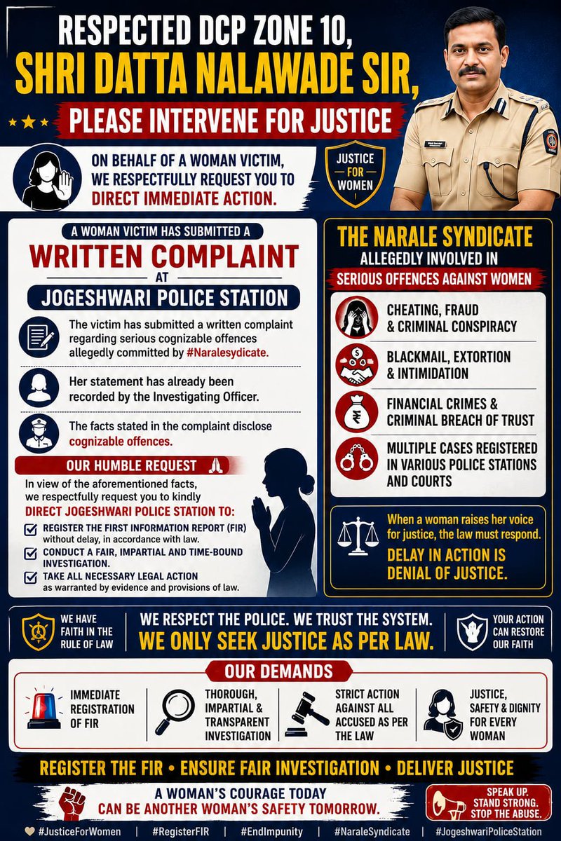 IndiaJusti78888's tweet photo. Respectfully requesting @DcpZone10Mumbai Shri Datta Nalawade Sir to direct @JogeshwariPS to register an #FIR on the woman victim's complaint against the #NaraleSyndicate involving #cognizable offences.
#RegisterFIR #JusticeForVictim @MumbaiPolice @DGPMaharashtra @Dev_Fadnavis https://t.co/2XKzNWnKvR