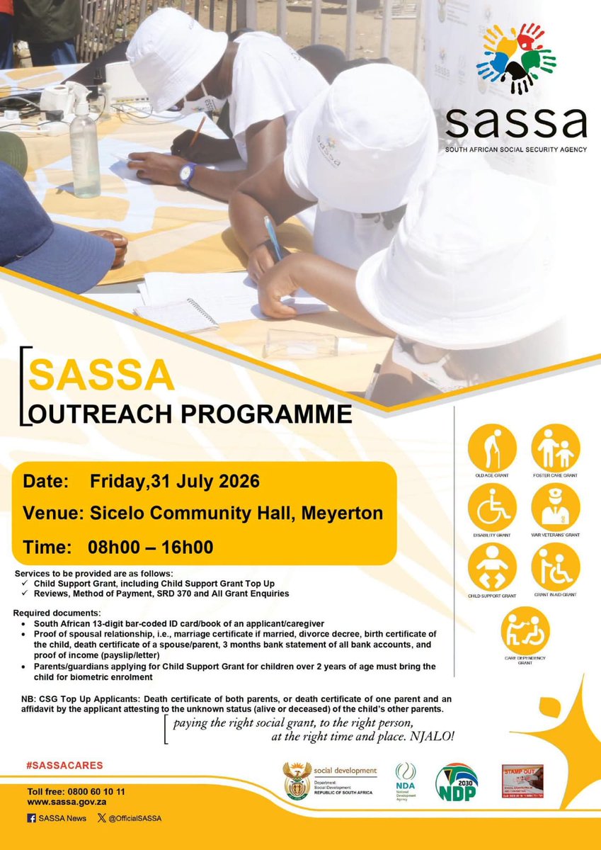 OfficialSASSA's tweet photo. SASSA Gauteng Region is taking services to the people!

Join us for an *Integrated Community Registration Outreach Programme (ICROP)* in Meyerton. 

Details are as follows:

Date: Friday, 31 July 2026
Time: 08h00
 Venue: Sicelo Community Hall
             Meyerton

Don't miss it!

*#SASSAOutreach* *#SASSACARES* *#SASSA20*