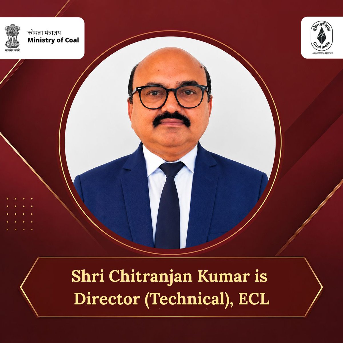 CoalIndiaHQ's tweet photo. 𝐒𝐡𝐫𝐢 𝐂𝐡𝐢𝐭𝐫𝐚𝐧𝐣𝐚𝐧 𝐊𝐮𝐦𝐚𝐫 𝐢𝐬 𝐃𝐢𝐫𝐞𝐜𝐭𝐨𝐫 (𝐓𝐞𝐜𝐡𝐧𝐢𝐜𝐚𝐥), 𝐄𝐂𝐋

Shri Chitranjan Kumar has assumed charge as Director (Technical - Operations) of our subsidiary, Eastern Coalfields Limited, at its headquarters in Sanctoria. Prior to this assignment, he was serving as Area General Manager of the Magadh-Sanghamitra Area of Central Coalfields Limited.

A graduate in Mining Engineering from BIT Sindri, Shri Kumar also holds a First-Class Manager's Competency Certificate and an MBA degree and has served in various capacities at Eastern Coalfields Limited, Central Coalfields Limited, and Bharat Coking Coal Limited.

#CoalIndia 

@kishanreddybjp| @satishdubeyy| @CoalMinistry|  @KishanreddyOfc| @PIB_Coal| @easterncoal