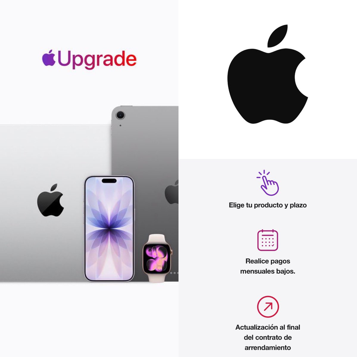 CerebrosG's tweet photo. De último momento: Apple ha anunciado Apple Upgrade.

¡¡¡AHORA PODRÁS RENTAR PRODUCTOS APPLE PAGANDO UN PRECIO MUY BAJO MENSUALMENTE!!!

Una nueva forma de tener siempre a mano los productos Apple que tanto te gustan. Alquila un nuevo iPhone, iPad, Mac o Apple Watch con pagos y plazos accesibles que se adaptan a ti. Al finalizar el contrato, podrás actualizarlo fácilmente a un modelo nuevo y devolver tu dispositivo actual.