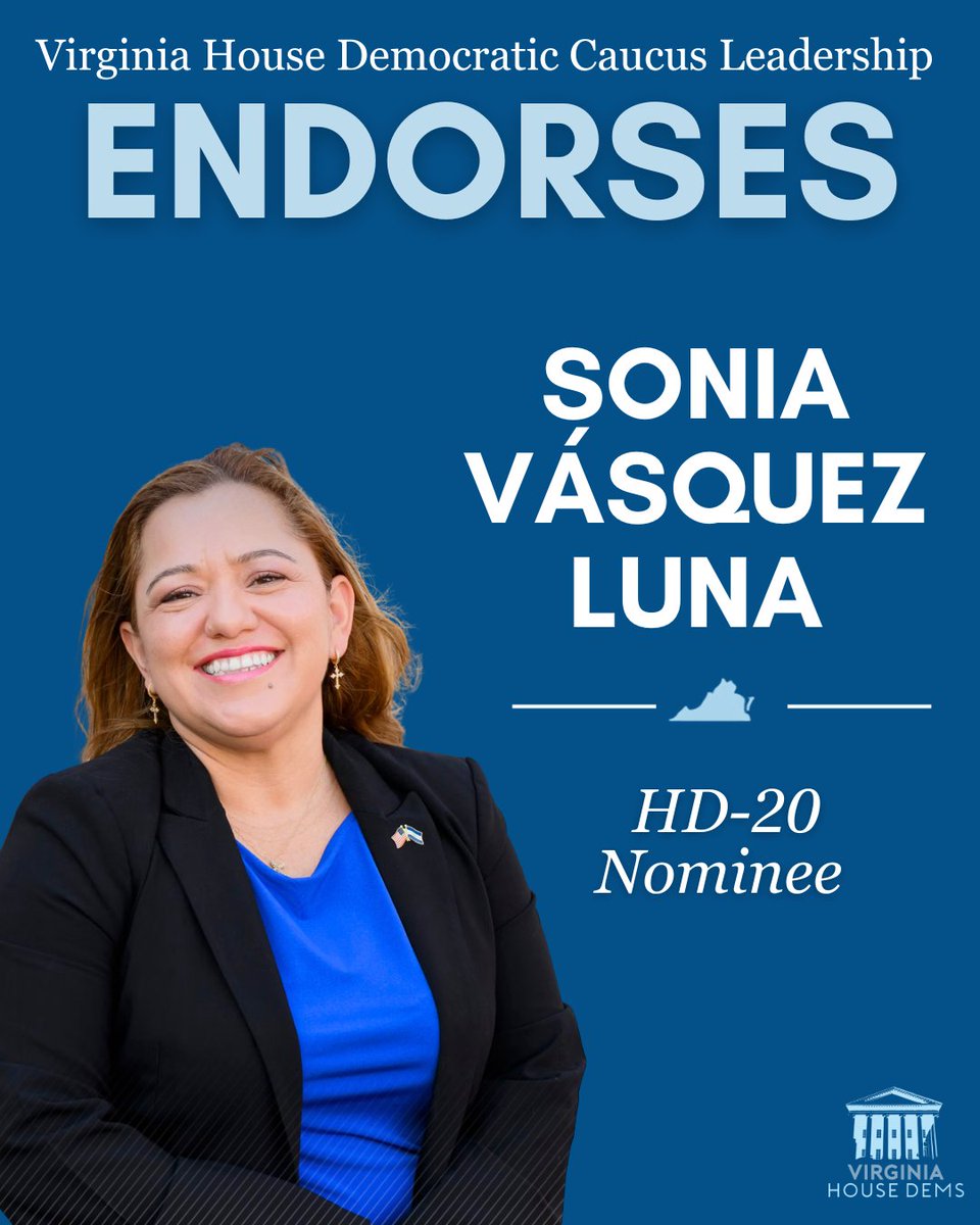 VAHouseDems's tweet photo. Virginia House Democrats are proud to endorse @SoniaVasquezLun for HD-20! https://t.co/n5MjyK1V8T