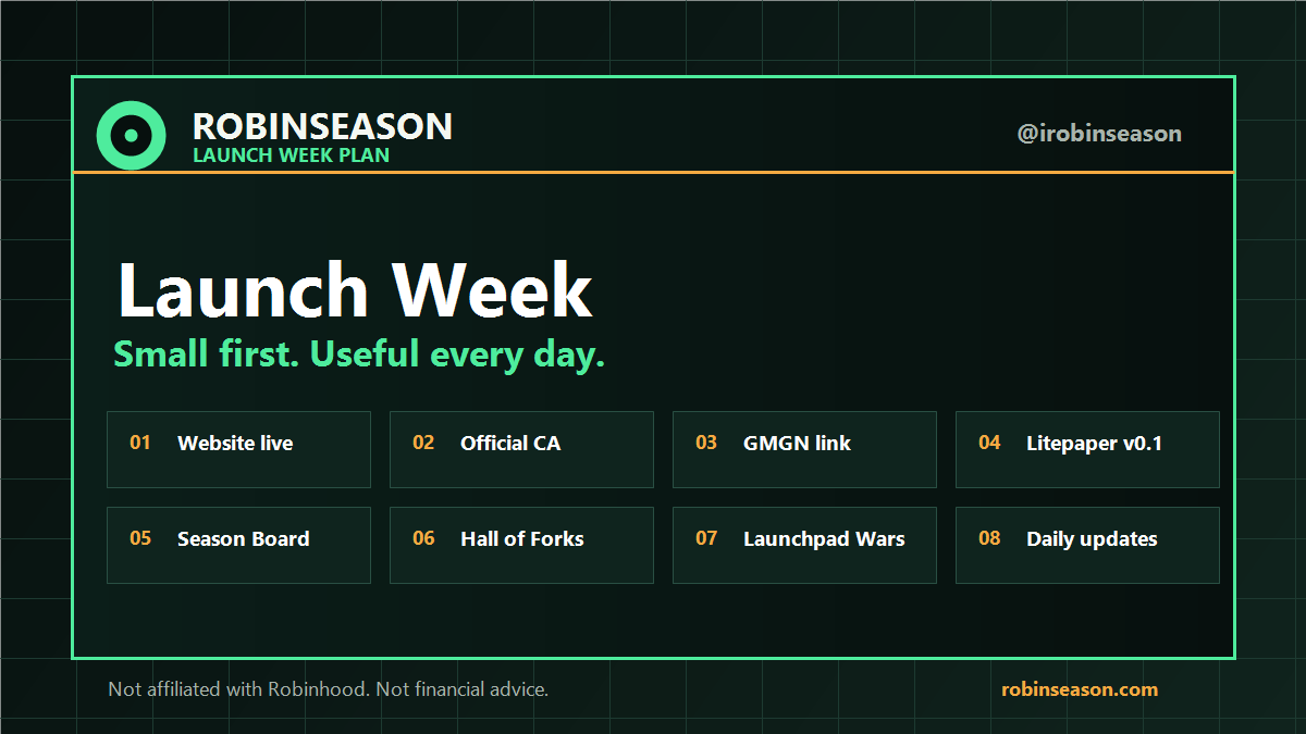 iRobinSeason's tweet photo. 4/4 What RobinSeason is not:

Not Robinhood official.
Not a Robinhood product.
Not a stock token.
Not a yield product.
Not financial advice.
Not a promise of returns.

We are an independent community project built around scoreboard culture. https://t.co/FQkEBy4GQo
