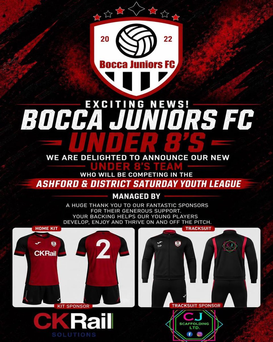 BoccaJuniorsFC_'s tweet photo. 🔴⚫ Welcome to the Bocca Family, Under 8’s! ⚫🔴

Bocca Juniors FC are proud to announce the formation of our brand-new Under 8’s team, who will be competing in the Ashford & District Saturday Youth League this season.

This is a groundbreaking moment for the club, with the introduction of our first youth team, since we formed back in 2022.

Leading the team will be David Palmer and Steve Johnson, whose dedication and enthusiasm will provide our young players with the perfect environment to learn, develop and enjoy the game.

This is another exciting step forward for the club as we continue to invest in grassroots football and create opportunities for children to play, grow and make lifelong memories through the sport they love.

A huge thank you goes to our amazing sponsors for supporting our newest team:

🚆 Kit Sponsor – CK Rail Solutions 
🏗️ Tracksuit Sponsor – CJ Scaffolding Ltd

Your generosity and commitment to grassroots football are greatly appreciated and play a vital role in helping our young players thrive both on and off the pitch.

𝐖𝐞 𝐍𝐞𝐞𝐝 𝐘𝐨𝐮🫵🏻
We are still looking for back of the kit sponsor for the Under 8’s team, if this is something that interests you please get in contact with the club via our socials or email us on BoccaJuniorsFC@gmail.com.

We can’t wait to see our Under 8’s in action and wish the players, coaches and families an exciting and successful season ahead.

#UpTheBocca❤️🖤