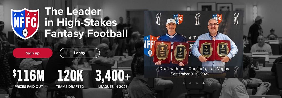 rotounderworld's tweet photo. PlayerProfiler is partnering with NFFC
for a match made in fantasy heaven. 🔥

The Home of Advance Metrics welcomes The NFFC as our featured high-stakes sponsor for 2026!

Use promo code FIRSTTIME100 at registration for $100 off your first entry of $150 or more. https://t.co/5wm3UFzRHq