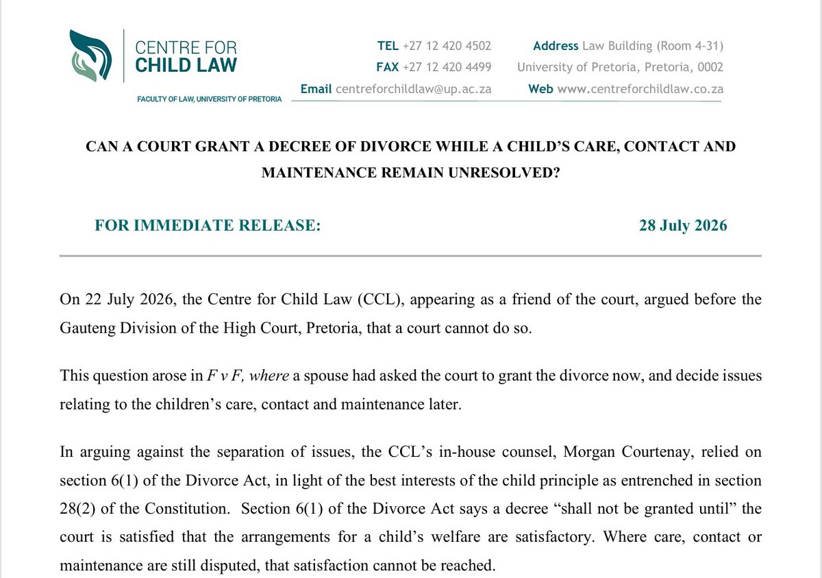 UPChildLaw's tweet photo. [PRESS STATEMENT] 

Read our latest press statement on the important High Court case of F v F, where the CCL argues that a divorce decree should not be granted while issues relating to a child's care, contact, and maintenance remain unresolved.

Read the full press statement below: