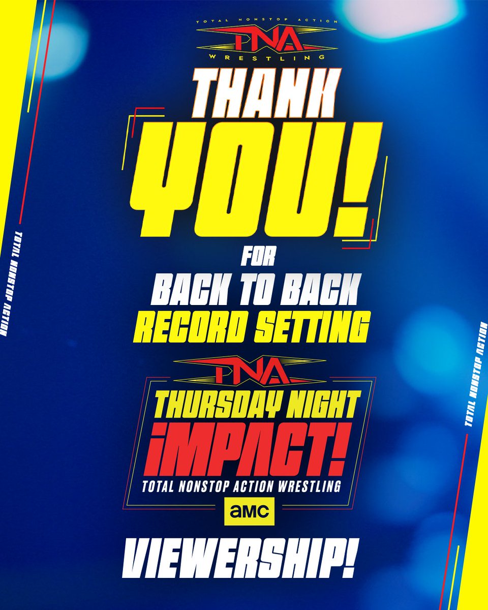 ThisIsTNA's tweet photo. Last week was the second week in a row that we had record setting viewership for #TNAiMPACT on @AMC_TV! 

TNA goes for the hat trick this Thursday night LIVE on @AMC_TV from the Liacouras Center in Philadelphia. Thank you, fans! https://t.co/uyEh6NbOp7