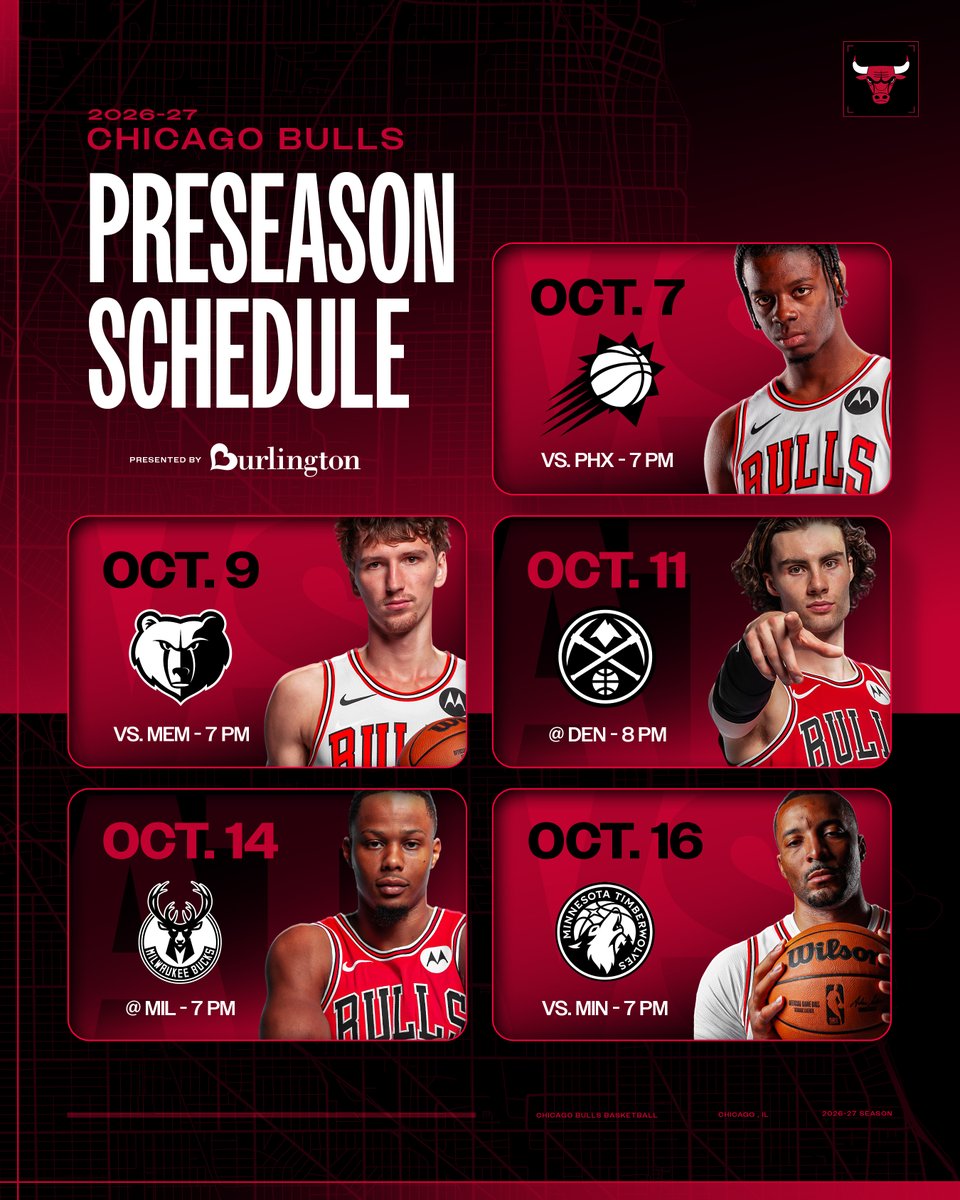 chicagobulls's tweet photo. Our preseason schedule just dropped 👀

@Burlington | #SeeRed https://t.co/S8MlGK95iv