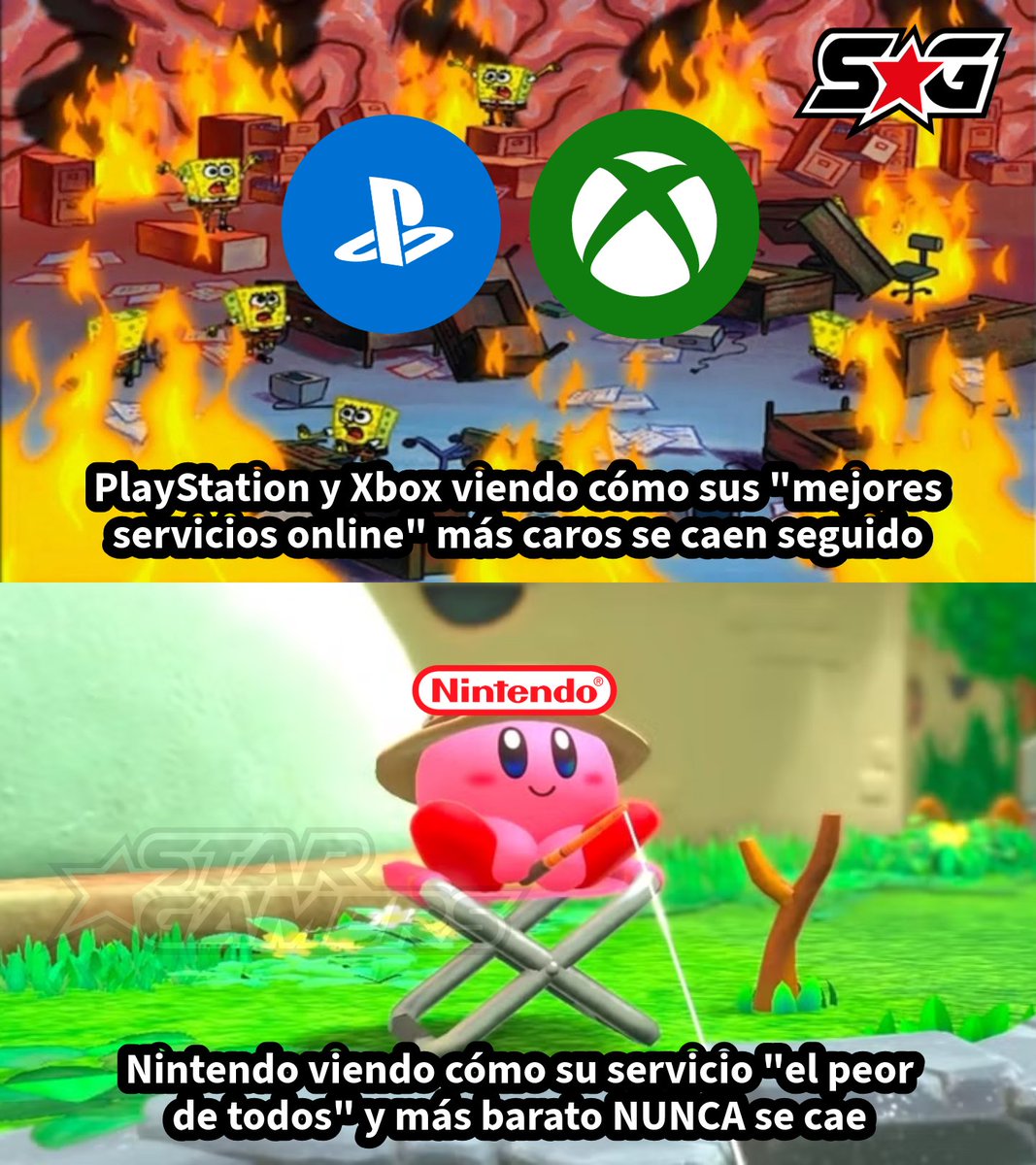 StarGamersSG's tweet photo. 🚨 "Pe... pe... perooo su servicio es el peor de todos, es una estafa" 🫠

📌 Hechos y no palabras. Tanto se le critica a Nintendo por unirse a los servicios en línea de pago, que no ofrece suficientes beneficios y demás... y al final resultó ser mucho más barato que los de PlayStation y Xbox... Y NUNCA SE CAE !!

#Nintendo #PlayStation #Xbox #NoticiasConMemes