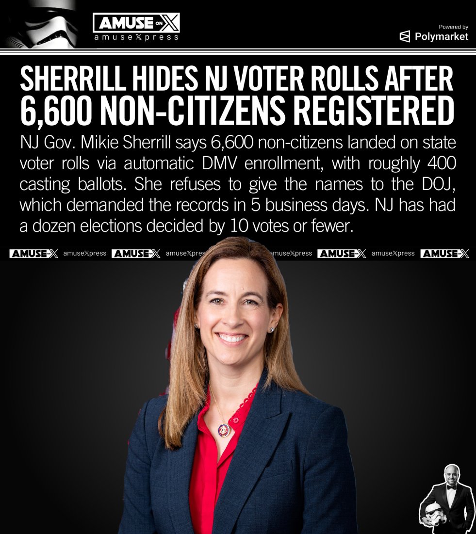 amuse's tweet photo. ELECTION INTEGRITY: New Jersey admits it has thousands of noncitizens registered to vote and hundreds are voting as a result of DMV enrollment. It is hiding their identities AND refuses to let the DOJ help scrub the rest of its voter rolls for illegals.