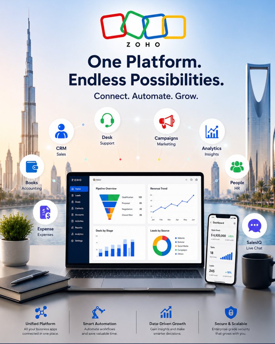 AFITconsulting's tweet photo. One Platform. Endless Possibilities.
Top 7 @Zoho Integrations that boost productivity by 40%.
@ZohoCRM @ZohoBooks @ZohoDesk @ZohoCampaigns @ZohoAnalytics @ZohoPeople &— all connected.
Read:
https://t.co/YlG6VbMVl7
#ZohoIntegrations #ZohoOne #GCCBusiness #Productivity https://t.co/rdshmbIUaO
