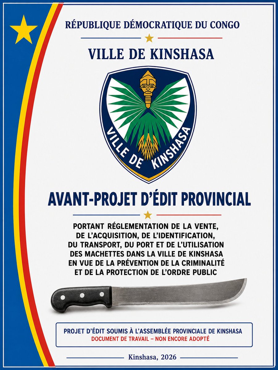 R0isage's tweet photo. Comme futur Bourgmestre de Kalamu, je crois que la prévention est au cœur de la sécurité. J’ai rédigé un avant-projet d’édit provincial encadrant la vente, l’acquisition, le transport et l’usage des machettes à Kinshasa. Un député provincial pourra le porter à l’Assemblée. https://t.co/jDSzpeF9Kq