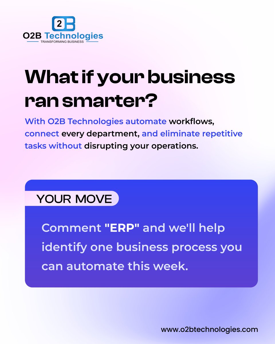 O2bTechnologies's tweet photo. Your team isn't slow; your process is. Manual work, disconnected systems, and repetitive tasks cost valuable time every week. O2B Technologies helps automate workflows and streamline operations with smart ERP solutions. 🚀

#BusinessAutomation #ERP #O2BTechnologies https://t.co/xAHOBTKdAD