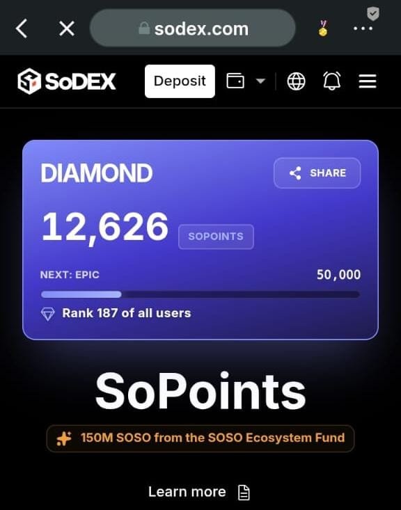 PShikamaru's tweet photo. SODEX @sodex_official

Never left 👀

Week 25 point distribution completed.

●Sopoints: +668 points
●Rank: Diamond 💎 league (rank 187 of all users)

●Total Sopoints: +12,626

WEEKLY PERFORMANCE 👇

● Week25~
☆Futures volume: 232k
☆OI: $5,111
☆Sopoints earned: +668 Sopoints

Traded BTC,ETH,XAG,TESLA,GOOGLE,XAU (mix of crypto and stock)

Week26 is on-going which is the final Week for SEASON 1🥳🥳

Not a whale, just a guy with a big dream!