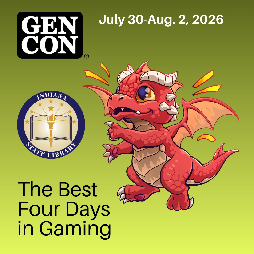 state_library's tweet photo. Join us at Gen Con! The Indiana State Library will be at booth 15 in Community Row from Thursday, July 30-Sunday, Aug. 2, at the Indiana Convention Center in Indianapolis. Stop by and learn about the State Library! https://t.co/2BjTBM3fiu #GenCon2026 #Indianapolis #gaming https://t.co/ZzcEFO3vPJ