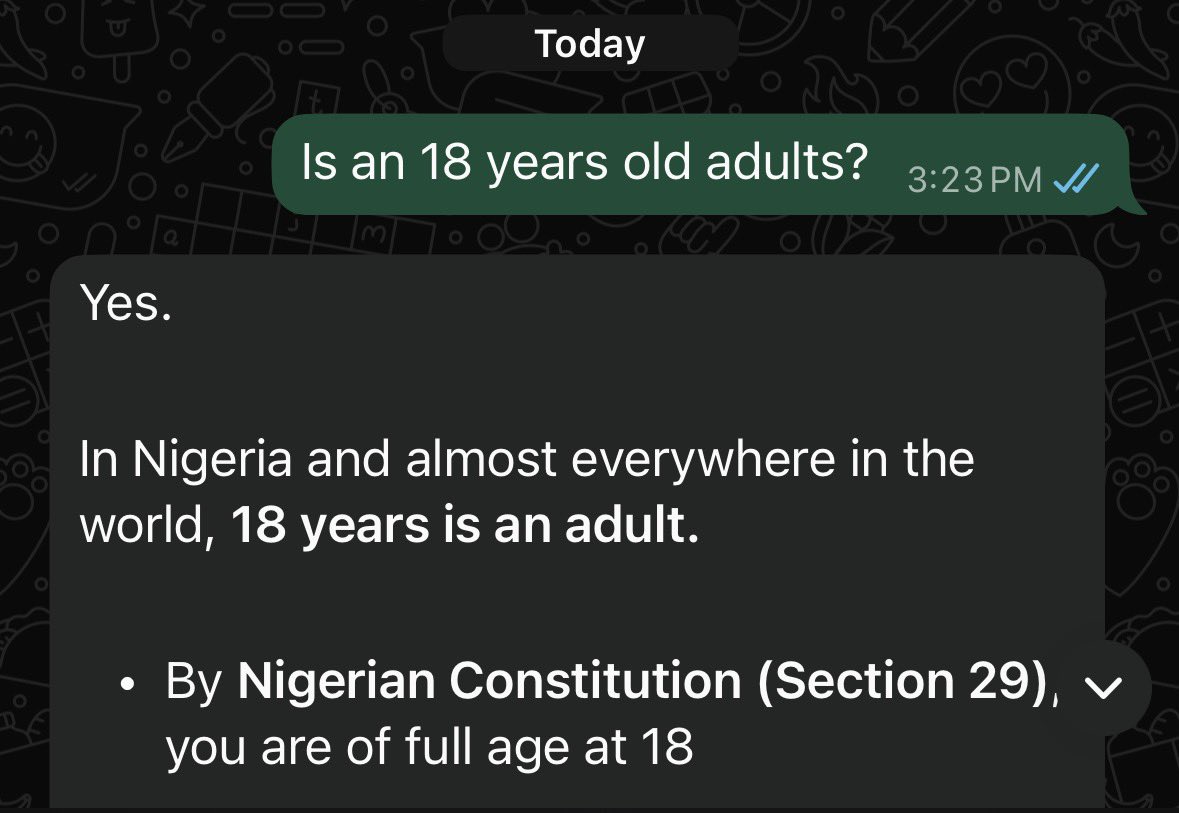 IsaacBitrucse7's tweet photo. @Timrexy17 @ilebornosa1 @yabaleftonline How is it abnormality when it’s legal and completely ok in a country and society. I don’t scold an 18 or 19 years old girl. Are you okay? What we should be fighting for are those mature men have sex with underage girls. Correction it’s adult siblings not teenage siblings. https://t.co/JmNXHn9nsP