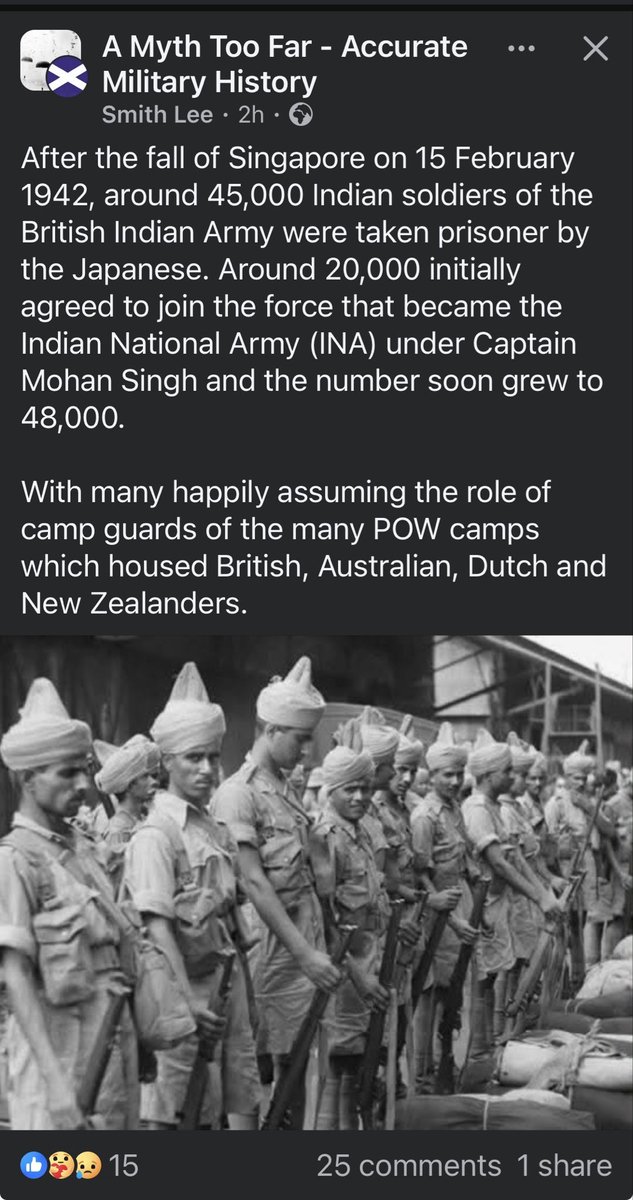 shallowchal's tweet photo. After the fall of Singapore on 15 February 1942, around 45,000 Indian soldiers of the British Indian Army were taken prisoner by the Japanese. Around 20,000 initially agreed to join the force that became the Indian National Army (INA) under Captain Mohan Singh and the number soon grew to 48,000.
With many happily assuming the role of camp guards of the many POW camps which housed British, Australian, Dutch and New Zealanders.
“Stuff they don’t teach you about Indian history” 😒