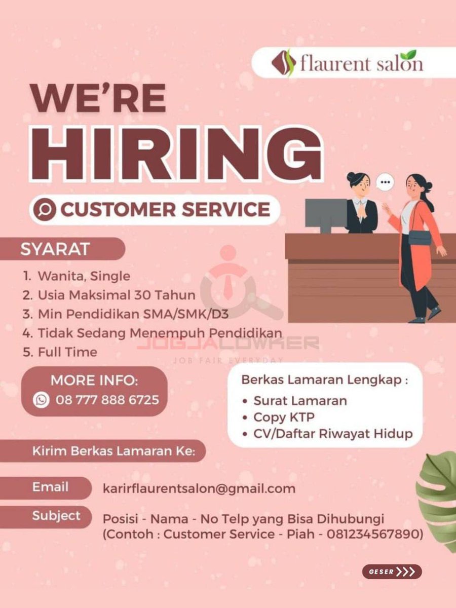 jogjalowker's tweet photo. Loker Jogja terbaru hari ini dari Flaurent Salon :

- Customer Service
- Marketing

Selengkapnya di : https://t.co/lMZOqwjpwe

⚠️ Rekrutmen gratis tanpa biaya apapun. https://t.co/IGgD36L6PI