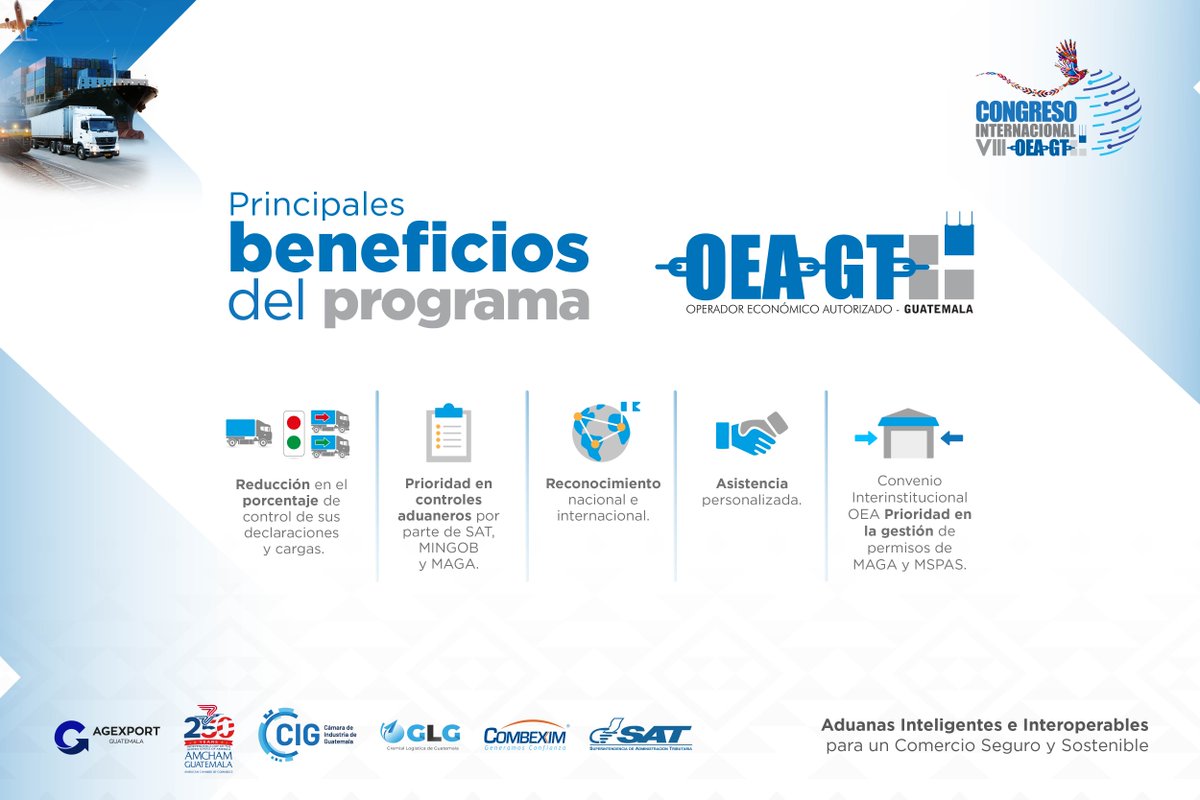 AmChamGT's tweet photo. ¿Sabe que ser OEA-GT le brinda prioridad en los controles aduaneros y asistencia personalizada? Estos son solo algunos de los beneficios que ofrece el programa de Operador Económico Autorizado. Conozca más en el VIII Congreso Internacional OEA-GT. @SATGT https://t.co/6hilI6fH1Y