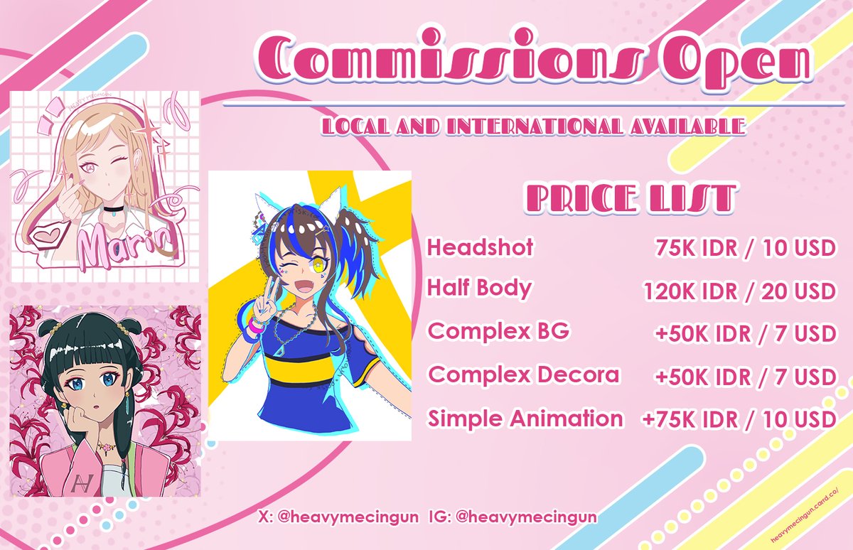 heavymecingun's tweet photo. [Updated!]

Hi! Aku open commissions start from 75K (0/5) (⁠´⁠∩⁠｡⁠•⁠ ⁠ᵕ⁠ ⁠•⁠｡⁠∩⁠`⁠) udah sama background dan decoranya! Pengerjaan 1-3 hari (or lebih cepat)

RT, likes, and shares are appreciated!💞♥

#opencommissions #drawingcommissions https://t.co/hNgUn1xaaW