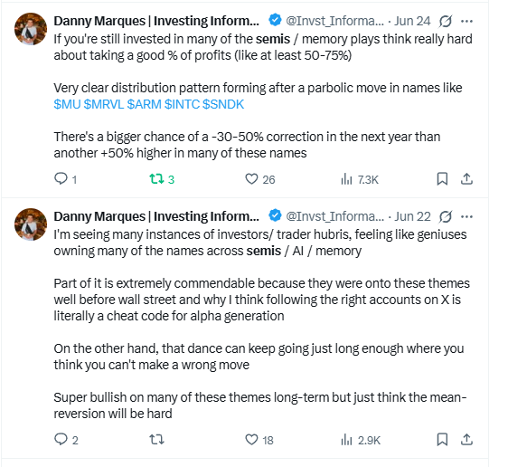 Invst_Informant's tweet photo. I'm not trying to be pompous but being able to read sentiment and act subjectively according to what technicals suggest can literally give you an edge in how to interpret what the market wants to do

A month ago I mentioned that I expected a -30 to 50% correction across some of leading performers in semis, AI, memory but that it'd be a healthy correction in a longer-term secular uptrend

Now when you should entertain the idea of potentially positioning yourself again or doing some DCA on these positions, we are getting BS narratives that the market is going to raise rates, that maybe there's an oversupply of compute, or there isn't enough demand for all the AI capex spend, blah blah 

We've been in a pretty euphoric market. Pullbacks and cosolidations are part of the game. Yes, the market may overreact and sell some of the higher beta names to more extremes depending on the narrative they want to use to justify the pullback but these are all tactics you should be able to see right through

Institutions do NOT want you to be positioned in this market.