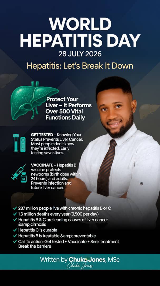 MackJ000's tweet photo. Today is World Hepatitis Day.

This year's theme is "Hepatitis: Let's Break It Down" and honestly, that's exactly what needs to happen. We have vaccines. We have tests. We have cures for hepatitis C and treatments that let people with hepatitis B live long, full lives. The science isn't the problem.

The problem is everything standing in the way like stigma, cost, fear, not knowing where to go, or just not knowing you're infected at all. Hepatitis doesn't announce itself. It can sit quietly in your liver for years while you feel completely fine, until suddenly it's cirrhosis or liver cancer.

That's the scary part. Someone could be walking around right now, living normally, with no clue their liver is under attack.

So today, do something small:
✅Get tested. It's quick and it could save your life.
✅If you haven't taken the hep B vaccine, go take it.
✅Talk about it. Stop treating it like something shameful.