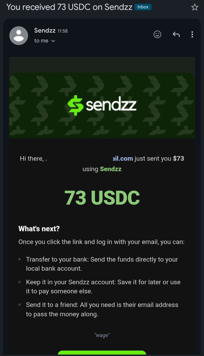 CraigXr19's tweet photo. Hey @use_sendzz, I think you've just changed what payday can look like.

Every month, millions of people look forward to one thing...

Payday.

Whether it's a salary, freelance payment, creator earnings, or rewards from working online, getting paid should be the easiest part.

But if you've ever been paid in crypto, you know the real stress usually starts after the payment arrives.

Here's how my experience with Sendzz completely changed that. 🧵👇

1/
On the 20th of July, the Dev asked for my email so they could send my payment.

My first reaction was...

"My email? Don't you need my wallet address?" 🤔
I was confused, but I sent it anyway.

The next morning, I woke up to an email that read:
"You received 73 USDC on Sendzz."

For a second, I genuinely thought...

"Wait... that's it?"

No wallet address. No public key.

Just my email.

2/
Curious, I opened the email and signed in.

Sure enough...

The 73 USDC was already sitting in my Sendzz account.

No seed phrase to back up.

No wallet to create.

No complicated onboarding.

Just my email, and my funds were waiting for me.

3/
Now came the part I was most curious about.

Could I actually cash out without going through the usual crypto stress?

I clicked Withdraw, entered my bank details, and waited.

4/
A few moments later(less than 1 minute)...

Withdrawal Complete. ✅

The money landed directly in my local bank account.

No P2P.

No searching for a trusted vendor.

No waiting for someone to accept my trade.

No worrying about fake alerts or getting scammed.

It just... worked.

5/
The receipt showed everything clearly.

✅ Amount received

✅ Exchange rate

✅ Bank payout

✅ Transaction ID

✅ Blockchain transaction

Everything was transparent from start to finish.

That's the kind of payment experience people actually want.

6/
What impressed me most wasn't just receiving USDC through an email.

It was how easy it was to turn that USDC into money I could actually spend.

For a lot of people, sending crypto isn't the problem anymore.

Off-ramping is.
That's exactly what @use_sendzz is solving.

7/
Sendzz is now officially live on mainnet, powered by Arc—the stablecoin-native economic OS for the internet.

Instead of sharing wallet addresses and worrying about gas fees or seed phrases...

You can simply send funds to someone's email address, and they can withdraw directly to their local bank account in minutes.

That's a much better user experience.

8/
Whether you're a freelancer, remote worker, creator, Web3 contributor, or anyone earning in stablecoins...

Imagine getting paid without:

❌ Copying wallet addresses.

❌ Dealing with P2P vendors.

❌ Stressing over scams.

Just receive.

Withdraw.

Done.

9/
The borderless economy is already here, and @use_sendzz is making it feel a lot more practical.

If you're curious, join the waitlist: https://t.co/FJxIsl7NpJ

They're also now live on mainnet: https://t.co/2Cr7JIgSRM⁠

I can't wait to see more people experience payday like this. 🚀
