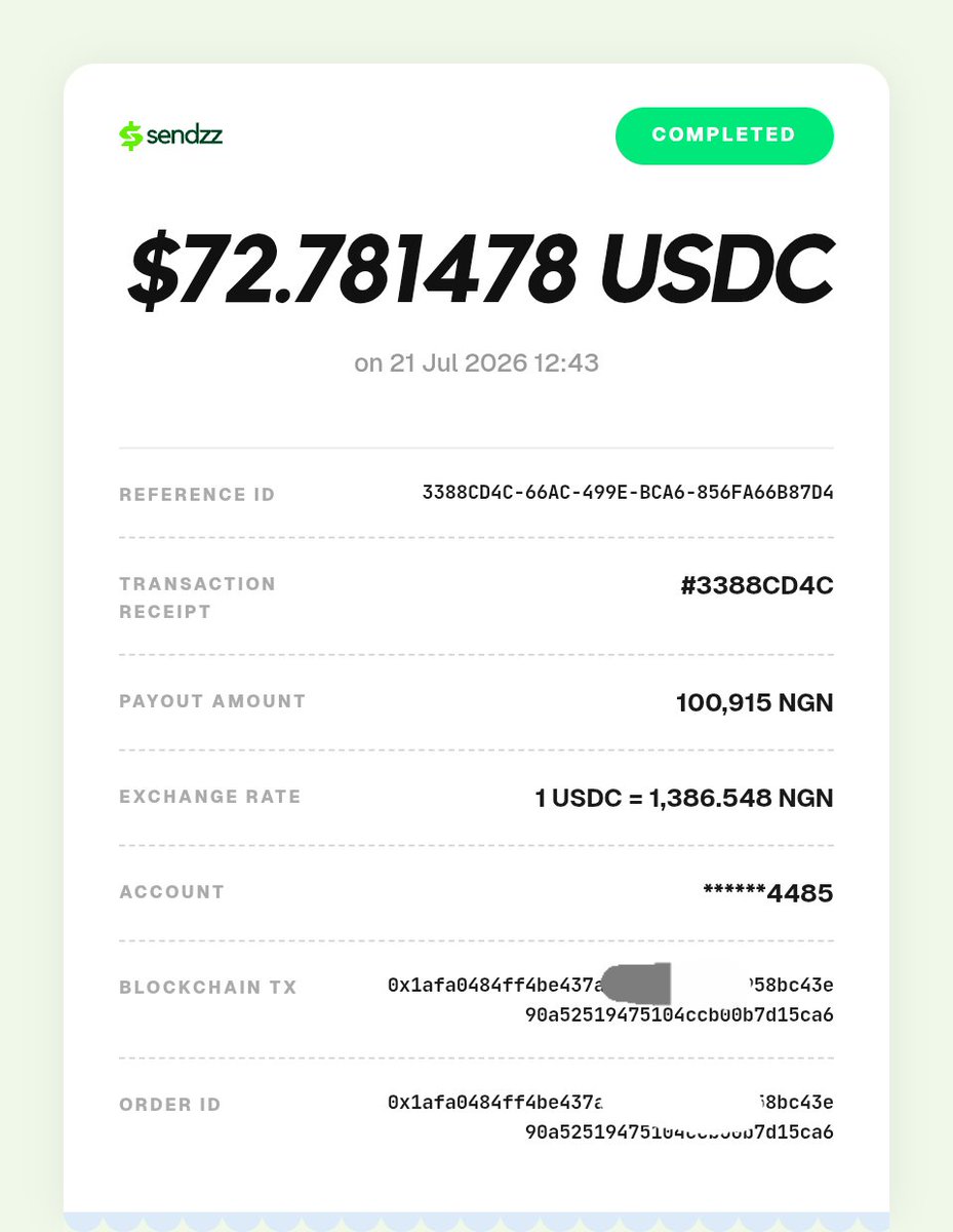 CraigXr19's tweet photo. Hey @use_sendzz, I think you've just changed what payday can look like.

Every month, millions of people look forward to one thing...

Payday.

Whether it's a salary, freelance payment, creator earnings, or rewards from working online, getting paid should be the easiest part.

But if you've ever been paid in crypto, you know the real stress usually starts after the payment arrives.

Here's how my experience with Sendzz completely changed that. 🧵👇

1/
On the 20th of July, the Dev asked for my email so they could send my payment.

My first reaction was...

"My email? Don't you need my wallet address?" 🤔
I was confused, but I sent it anyway.

The next morning, I woke up to an email that read:
"You received 73 USDC on Sendzz."

For a second, I genuinely thought...

"Wait... that's it?"

No wallet address. No public key.

Just my email.

2/
Curious, I opened the email and signed in.

Sure enough...

The 73 USDC was already sitting in my Sendzz account.

No seed phrase to back up.

No wallet to create.

No complicated onboarding.

Just my email, and my funds were waiting for me.

3/
Now came the part I was most curious about.

Could I actually cash out without going through the usual crypto stress?

I clicked Withdraw, entered my bank details, and waited.

4/
A few moments later(less than 1 minute)...

Withdrawal Complete. ✅

The money landed directly in my local bank account.

No P2P.

No searching for a trusted vendor.

No waiting for someone to accept my trade.

No worrying about fake alerts or getting scammed.

It just... worked.

5/
The receipt showed everything clearly.

✅ Amount received

✅ Exchange rate

✅ Bank payout

✅ Transaction ID

✅ Blockchain transaction

Everything was transparent from start to finish.

That's the kind of payment experience people actually want.

6/
What impressed me most wasn't just receiving USDC through an email.

It was how easy it was to turn that USDC into money I could actually spend.

For a lot of people, sending crypto isn't the problem anymore.

Off-ramping is.
That's exactly what @use_sendzz is solving.

7/
Sendzz is now officially live on mainnet, powered by Arc—the stablecoin-native economic OS for the internet.

Instead of sharing wallet addresses and worrying about gas fees or seed phrases...

You can simply send funds to someone's email address, and they can withdraw directly to their local bank account in minutes.

That's a much better user experience.

8/
Whether you're a freelancer, remote worker, creator, Web3 contributor, or anyone earning in stablecoins...

Imagine getting paid without:

❌ Copying wallet addresses.

❌ Dealing with P2P vendors.

❌ Stressing over scams.

Just receive.

Withdraw.

Done.

9/
The borderless economy is already here, and @use_sendzz is making it feel a lot more practical.

If you're curious, join the waitlist: https://t.co/FJxIsl7NpJ

They're also now live on mainnet: https://t.co/2Cr7JIgSRM⁠

I can't wait to see more people experience payday like this. 🚀