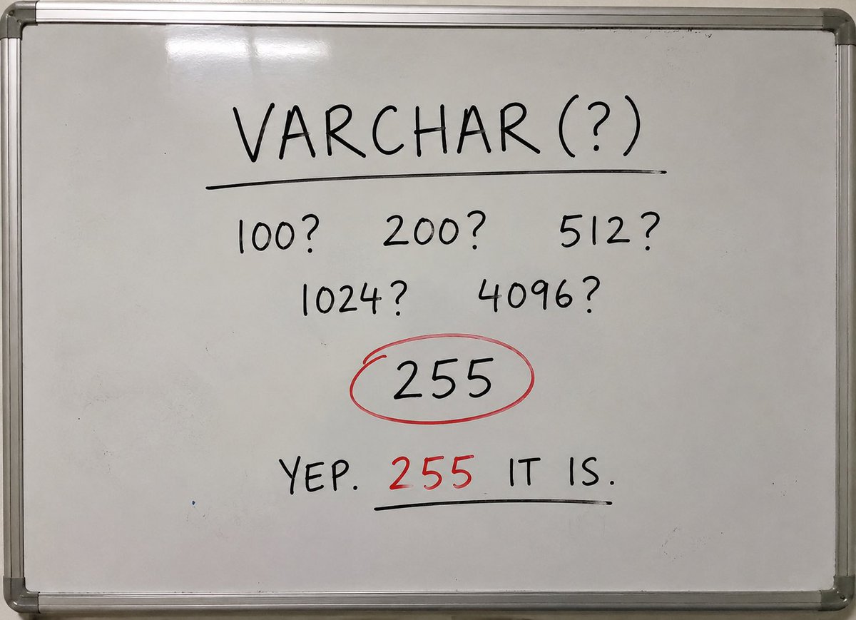 4nsdp's tweet photo. Why is VARCHAR(255) everywhere? Did everyone collectively agree 255 was enough? 🤔 https://t.co/SYvmYNnVeX
