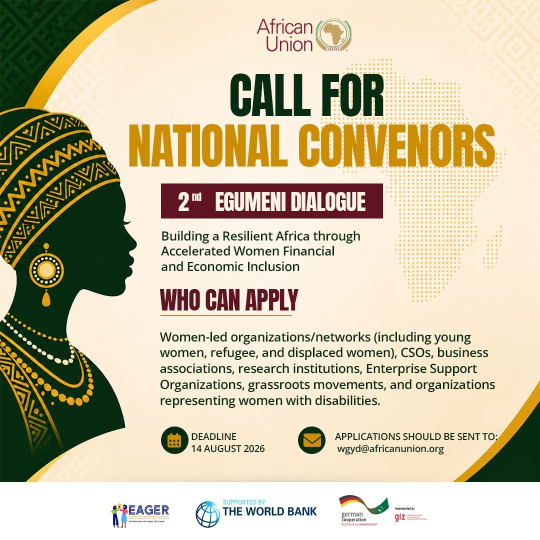 AU_WGYD's tweet photo. @_AfricanUnion @WorldBankGroup @WorldBankAfrica @GIZAfricanUnion @WGYD_Director @MalokaVictoria1 📢 CALL FOR NATIONAL CONVENORS | 2nd #EgumeniDialogue

The @_AfricanUnion 👉🏾 @AU_WGYD invites eligible organizations to submit Expressions of Interest to lead as National Convenors!
📩 Submit to: wgyd@africanunion.org
🗓️ Deadline: 14 Aug 2026
🔗 Details: https://t.co/56a9sfbfj3 https://t.co/XTXoDMzxKL