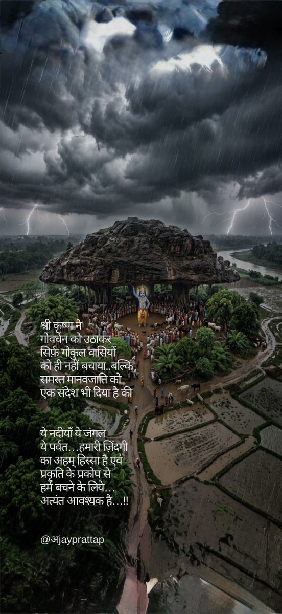 ajayprattap's tweet photo. @Lekhni_ @AarTee33 @pareeknc7 श्री कृष्ण ने
गोवर्धन को उठाकर
सिर्फ़ गोकुल वासियों
को ही नहीं बचाया..बल्कि
समस्त मानवजाति को
एक संदेश भी दिया है की

ये नदीयाँ ये जंगल
ये पर्वत…हमारी ज़िंदगी
का अहम् हिस्सा है एवं
#प्रकृति के प्रकोप से
हमें बचने के लिये…
अत्यंत आवश्यक है…!!

#लेखनी 

@ajayprattap https://t.co/mBxTvlv1W9