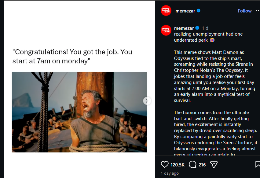 devilsiopf's tweet photo. The siren scene from Christopher Nolan's The Odyssey is going giga viral on social media

#1 most memed character in the Odyssey

Everyone in the comments and other post are posting their own versions with different captions

The odyssey is also trending right now on X trending too which makes it perfect to run: https://t.co/te8rrc0oqs

$Odysseus