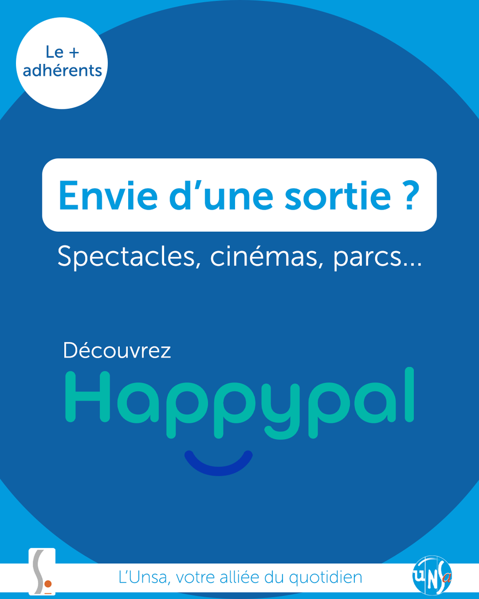 SE_Unsa's tweet photo. 🎉 Adhérent·e du SE-Unsa ? Profitez de Happy Pal, le comité d'entreprise inclus dans votre cotisation !

🎟️ Cinéma, loisirs, vacances… des milliers d'offres à tarifs réduits.

⚠️ Couleur CE disparaît le 1er septembre. https://t.co/BzfCX5b8lw