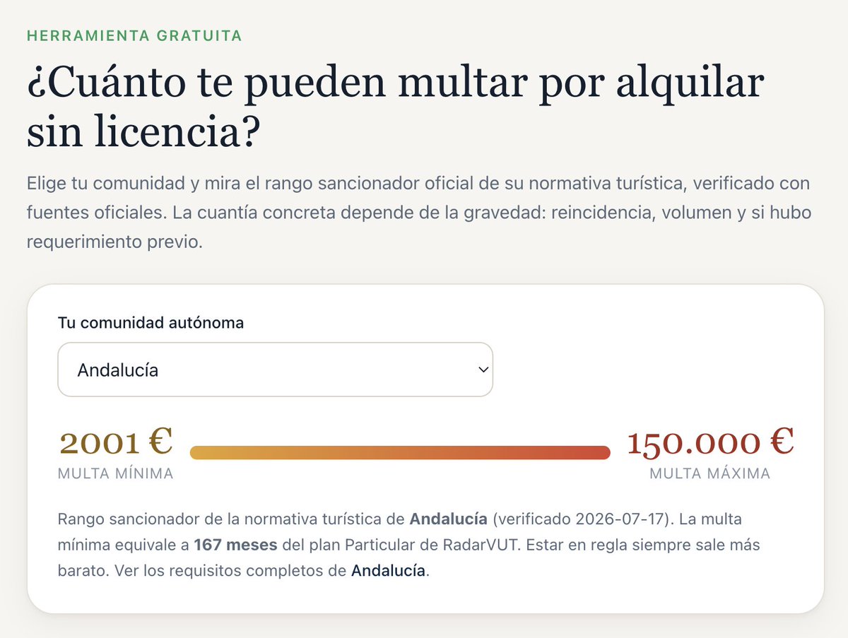 RadarVUT's tweet photo. ¿Cuánto te pueden multar por alquilar sin licencia?

Prueba nuestra calculadora:

https://t.co/mCKCMlGCZu

#VUT #Multas #ViviendaTurística https://t.co/gYRjKLYcPx