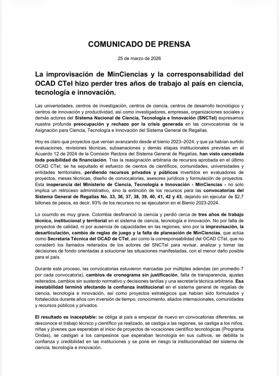 estebanpie's tweet photo. En @icesi adherimos plenamente este comunicado firmado por más de 150 investigadores y académicos, entre otros interesados:

“La improvisación de @MincienciasCo y la corresponsabilidad del
OCAD CTeI hizo perder tres años de trabajo al país en ciencia,
tecnología e innovación”. https://t.co/vs3o3a1EBw